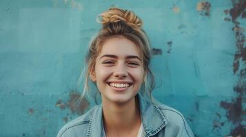 ai generado bonito sonriente alegremente hembra con justa cabello, vestido por casualidad, mirando con satisfacción a cámara, siendo contento foto