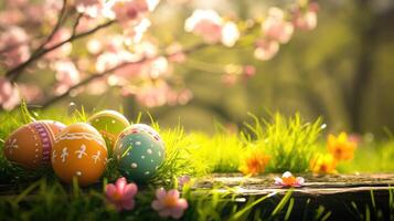 AI generated Top veiw. Painted easter eggs in the grass celebrating a Happy Easter in spring with a green grass meadow, cherry blossom and on rustic wooden bench to display photo