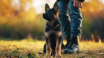 AI generated German shepherd puppy sitting and training with the owner photo