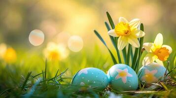 AI generated Easter eggs hiding in the grass with daffodil photo