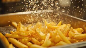 ai generado Cocinando francés papas fritas en el profundo freidora, crujiente papas fritas, basura comida concep foto