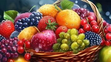 AI generated Basket with fresh fruits with water droplets, realistic feeling, very detailed, realistic brightness photo