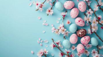 AI generated Happy Easter Colorful Easter chocolate eggs with cherry blossoms flat lay on blue background. Stylish tender spring template with space for text. Greeting card or banner photo