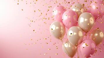 AI generated Birthday Pink balloons background design Happy birthday golden balloon and confetti decoration element for birth day celebration greeting card design photo