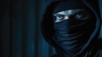 AI generated Criminal wearing black balaclava and hoodie in the dark photo