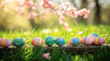 AI generated Top veiw. Painted easter eggs in the grass celebrating a Happy Easter in spring with a green grass meadow, cherry blossom and on rustic wooden bench to display photo