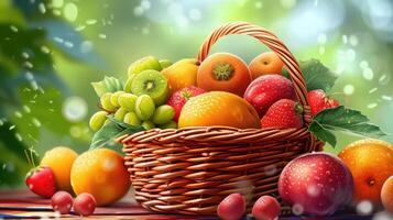 AI generated Basket with fresh fruits with water droplets, realistic feeling, very detailed, realistic brightness photo