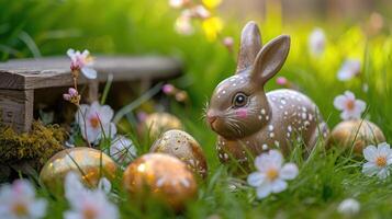 AI generated Top veiw. Painted easter eggs and golden rabbit in the grass celebrating a Happy Easter in spring with a green grass meadow, cherry blossom and on rustic wooden bench to display photo