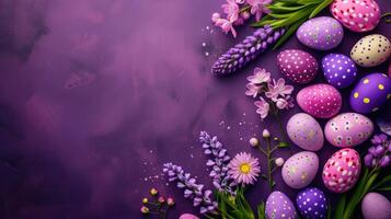 AI generated Purple Easter background with springtime flowers and Easter eggs, top view. Frame photo