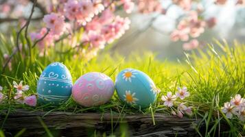 AI generated Top veiw. Painted easter eggs in the grass celebrating a Happy Easter in spring with a green grass meadow, cherry blossom and on rustic wooden bench to display photo