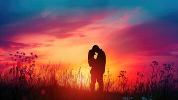 ai generado silueta romántico Pareja amantes abrazo y Beso a vistoso puesta de sol en antecedentes amor concepto foto