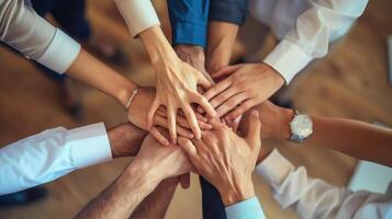 AI generated Close up top view of young business people putting their hands together. Stack of hands. Unity and teamwork concept. photo