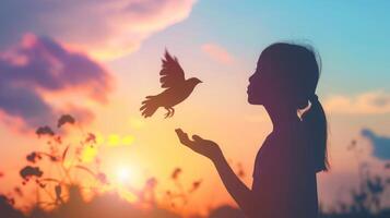 AI generated silhouette of bird flying out of Girl child hand on beautiful background freedom concept International Working Women39s Day photo