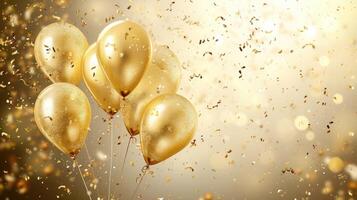 ai generado cumpleaños dorado globos antecedentes diseño contento cumpleaños dorado globo y papel picado decoración elemento para nacimiento día celebracion saludo tarjeta diseño foto