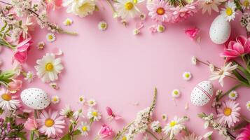 AI generated Pink Easter background with springtime flowers and Easter eggs, top view. Frame photo