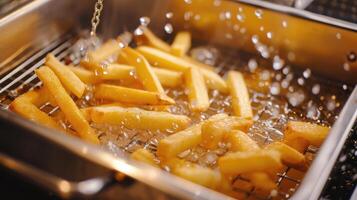 ai generado Cocinando francés papas fritas en el profundo freidora, crujiente papas fritas, basura comida concep foto