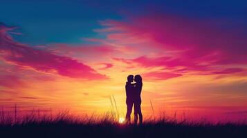 ai generado silueta romántico Pareja amantes abrazo y Beso a vistoso puesta de sol en antecedentes amor concepto foto