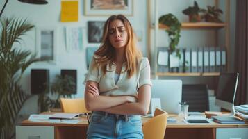 AI generated woman suffering with menstrual stomach ache or feeling hurting stomach in her office photo