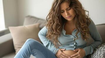 AI generated Woman having stomach ache, bending and holding hands on belly, discomfort from menstrual cramps photo