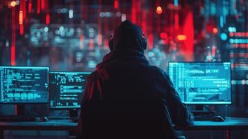 AI generated hacker at work with graphic user interface around photo