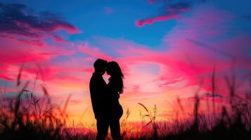 ai generado silueta romántico Pareja amantes abrazo y Beso a vistoso puesta de sol en antecedentes amor concepto foto