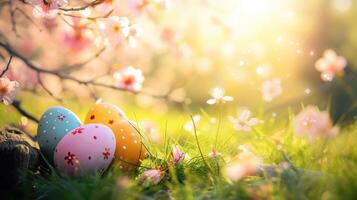 AI generated Painted easter eggs in the grass celebrating a Happy Easter in spring with a green grass meadow, cherry blossom and on rustic wooden bench to display photo