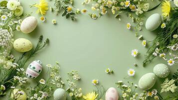 AI generated Green Easter background with springtime flowers and Easter eggs, top view. Frame photo