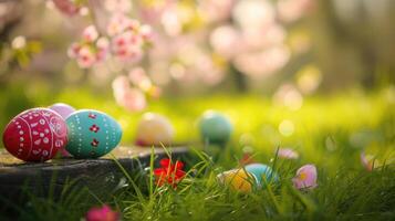 AI generated Painted easter eggs in the grass celebrating a Happy Easter in spring with a green grass meadow, cherry blossom and on rustic wooden bench to display photo