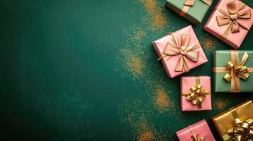 AI generated Golden and pink gift boxes on green background, top view photo