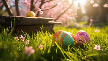 AI generated Painted easter eggs in the grass celebrating a Happy Easter in spring with a green grass meadow, cherry blossom and on rustic wooden bench to display photo