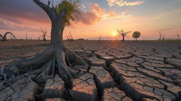 AI generated Dead trees on dry cracked earth metaphor Drought, Water crisis and World Climate change. photo