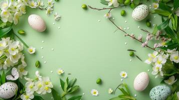 AI generated Green Easter background with springtime flowers and Easter eggs, top view. Frame photo