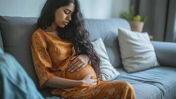 AI generated Unhappy sick pretty long-haired young indian woman wearing casual comfy outfit sitting on couch in living-room at home, touching belly, suffering from period crumps, side view, copy space photo