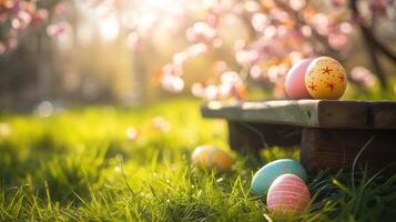 AI generated Painted easter eggs in the grass celebrating a Happy Easter in spring with a green grass meadow, cherry blossom and on rustic wooden bench to display photo