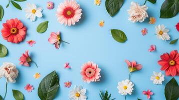 AI generated Creative layout made of flowers and leaves Flat lay Nature concept Floral Greeting card Colorful spring flower background space for text Nature Trendy Decorative Design photo