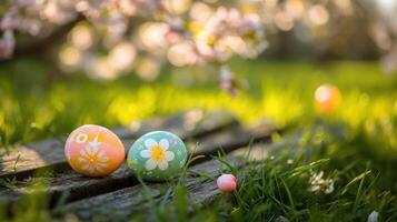 AI generated top veiw Painted easter eggs in the grass celebrating a Happy Easter in spring with a green grass meadow, cherry blossom and on rustic wooden bench to display photo