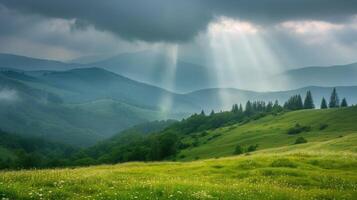 AI generated Rain and sun through the clouds over the green summer Carpathian foggy mountain hills. Rainy evening panorama. photo