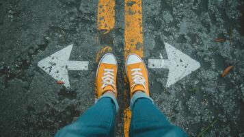 AI generated man legs in sneakers standing on road with three direction arrow choices, left, right or move forward photo