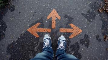 AI generated man legs in sneakers standing on road with three direction arrow choices, left, right or move forward photo