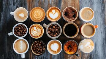 AI generated Coffee time. Aerial view of different types of coffee photo