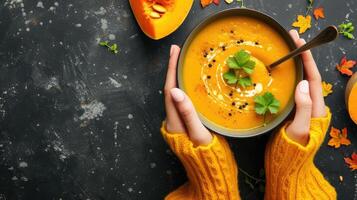 AI generated Female hands in yellow knitted sweater holding a bowl with pumpkin cream soup on dark stone background with spoon decorated with cut fresh pumpkin, top view. Autumn cozy dinner concept photo