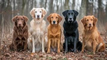 ai generado Rizado saburral perdiguero, dorado perdiguero, Labrador, estrella nueva escocia Pato peaje perdiguero y plano saburral perdiguero perros sentado juntos al aire libre foto