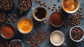 AI generated Coffee time. Aerial view of different types of coffee photo