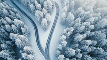 AI generated Curvy windy road in snow covered forest, top down aerial view. photo