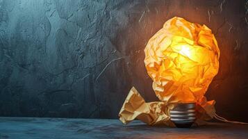 AI generated Idea and creativity concepts with paper crumpled ball and lamp.Think out of box.Business solution. photo