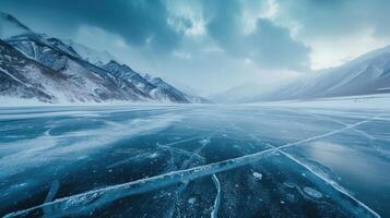 ai generado grietas en el superficie de el azul hielo. congelado lago en invierno montañas. eso es nevando foto