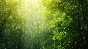 AI generated Summer rain in lush green forest, with heavy rainfall background. Rain in the forest with sun casting warm rays between the trees. Abstract natural backgrounds for your design photo