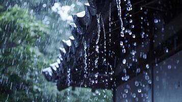 ai generado lluvia fluye abajo desde un techo abajo foto