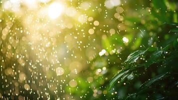 ai generado maravilloso pesado lluvia ducha en el Brillo Solar de primavera o verano disfrutar el relajante naturaleza foto