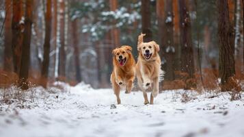 AI generated happy golden retriever dogs running in the winter forest photo